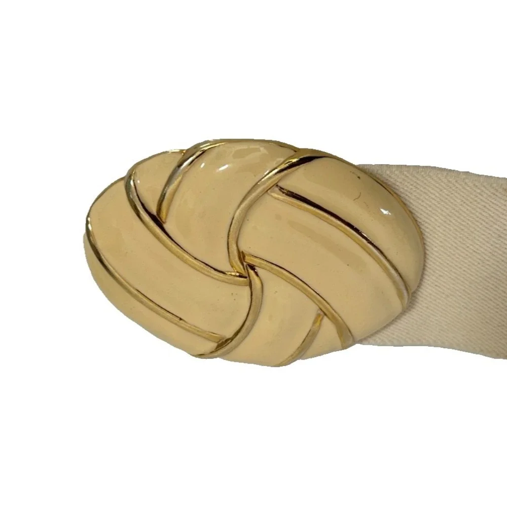 Vintage Day-Lor 80s Cream Elastic Cinch Belt M Gold Enamel Swirl Buckle USA GUC